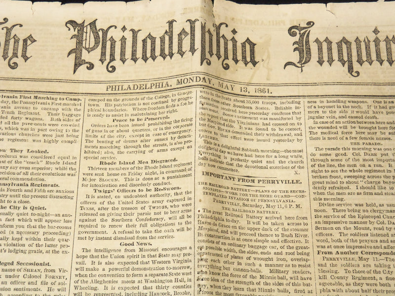 1861 MAY 13 PHILADELPHIA INQUIRER NEWSPAPER - ST. LOUIS RIOT - NP 8997