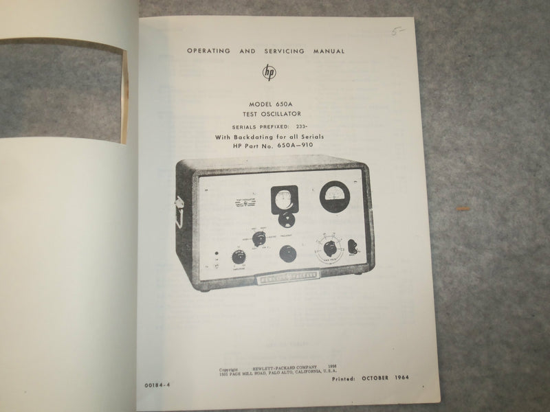 1964 HEWLETT PACKARD MODEL 650A TEST OSCILLATOR MANUAL - J 6303