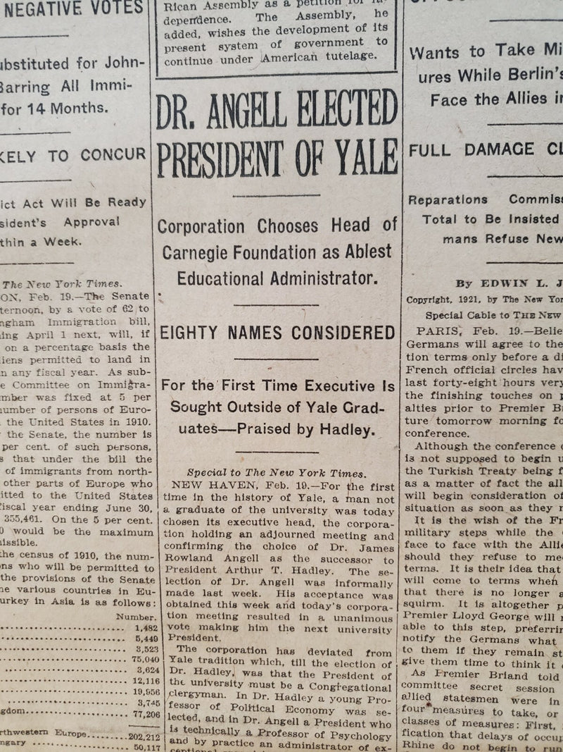 1921 FEBRUARY 20 NEW YORK TIMES - DR. ANGELL ELECTED PRESIDENT OF YALE - NT 8135