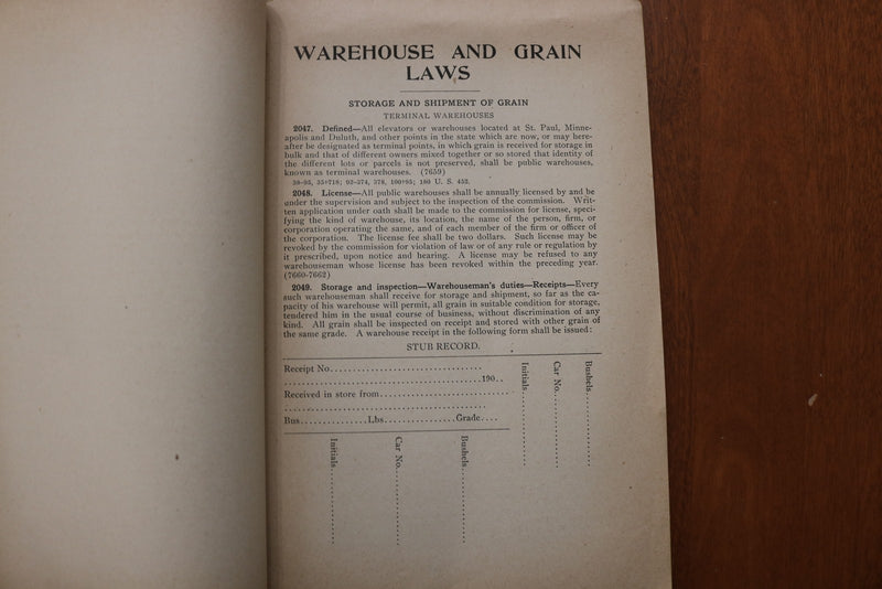 1907 THE WAREHOUSE AND GRAIN LAWS OF STATE OF MINNESOTA SOFTCOVER BOOK - K 3160