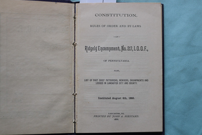 1886 RIDGELY ENCAMPMENT NO. 217, I.O.O.F. OF PA HARDCOVER BOOK - K 3340