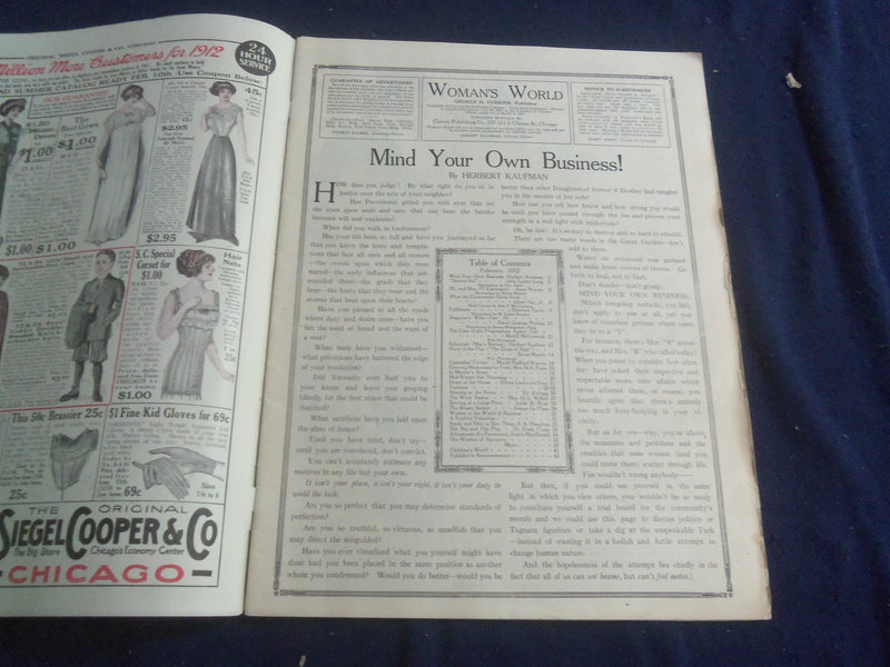 1912 FEBRUARY WOMAN'S WORLD MAGAZINE - NICE ILLUSTRATED COVER - SP 6749F