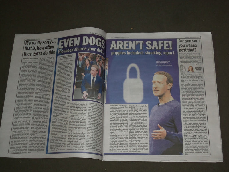 2018 DECEMBER 20 NEW YORK DAILY NEWS - MARK ZUCKERBERG - FACEBOOK SHARING INFO