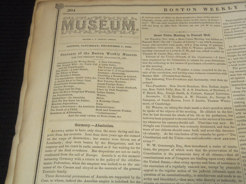 1850 DECEMBER 7 BOSTON MUSEUM NEWSPAPER - FORGED WILL - HELEN - BIRD - NP 9040