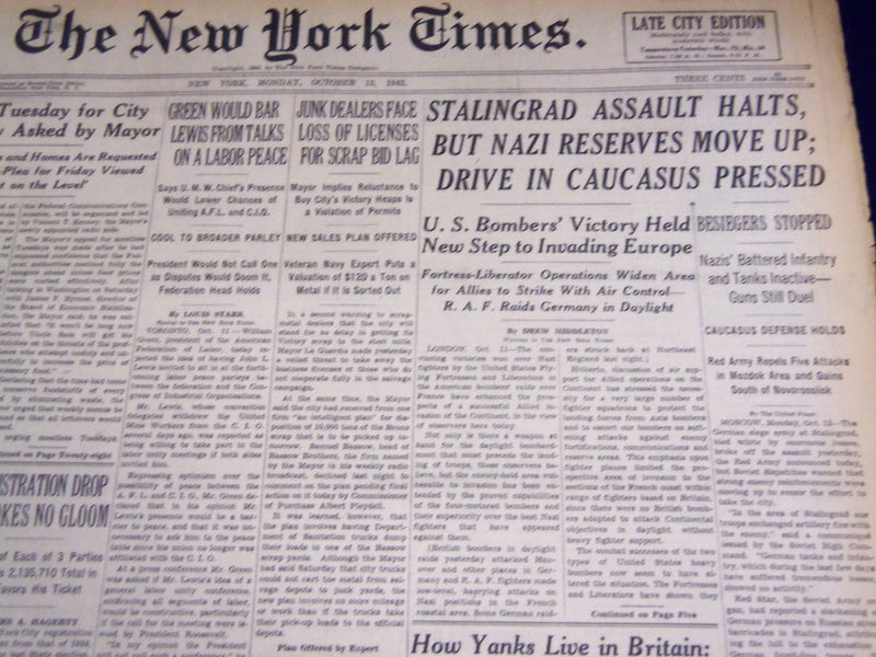 1942 OCT 12 NEW YORK TIMES - STALINGRAD ASSAULT HALTS, NAZI RESERVES - NT 989
