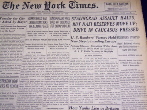 1942 OCT 12 NEW YORK TIMES - STALINGRAD ASSAULT HALTS, NAZI RESERVES - NT 989