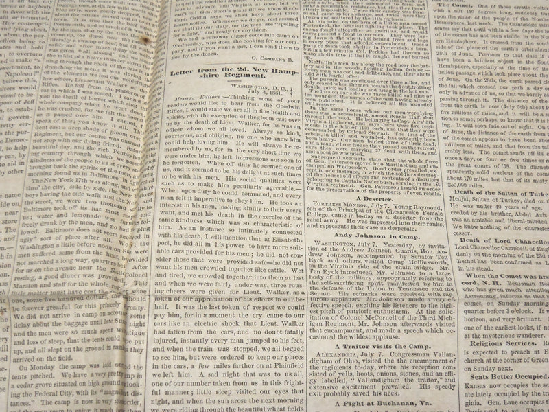 1861 JULY 11 THE INDEPENDENT DEMOCRAT NEWSPAPER - LINCOLN'S MESSAGE - K 74