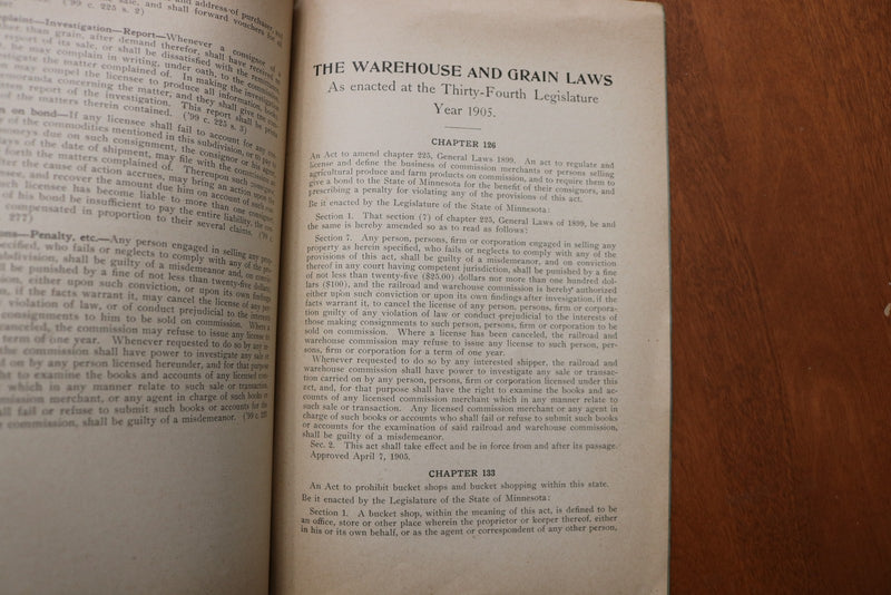 1907 THE WAREHOUSE AND GRAIN LAWS OF STATE OF MINNESOTA SOFTCOVER BOOK - K 3160