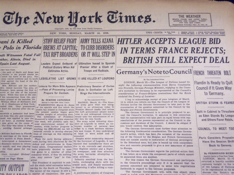 1936 MAR 16 NEW YORK TIMES - HITLER ACCEPTS LEAGUE BID, FRANCE REJECTS - NT 1852