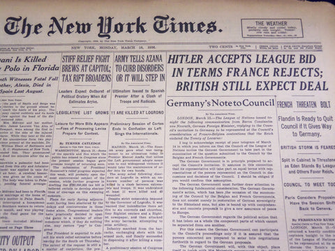 1936 MAR 16 NEW YORK TIMES - HITLER ACCEPTS LEAGUE BID, FRANCE REJECTS - NT 1852