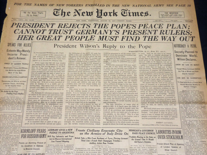 1917 AUGUST 29 NEW YORK TIMES - PRESIDENT REJECTS POPE'S PEACE PLAN - NT 8517