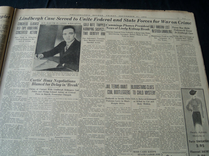1934 SEPT 21 PHIADELPHIA RECORD NEWSPAPER - LINDY KIDNAPING SOLVED - NT 7260