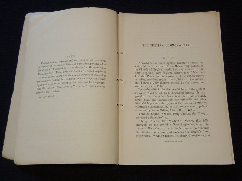 1857 PETER OLIVER'S PURITAN COMMONWEALTH REVIEWED BY WINGATE THORNTON - J 7547