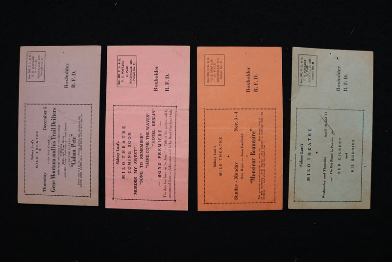 1940'S SIDNEY LUST'S MILO THEATRE PROGRAM CARDS - LOT OF 4 - ROCKVILLE - K 2819