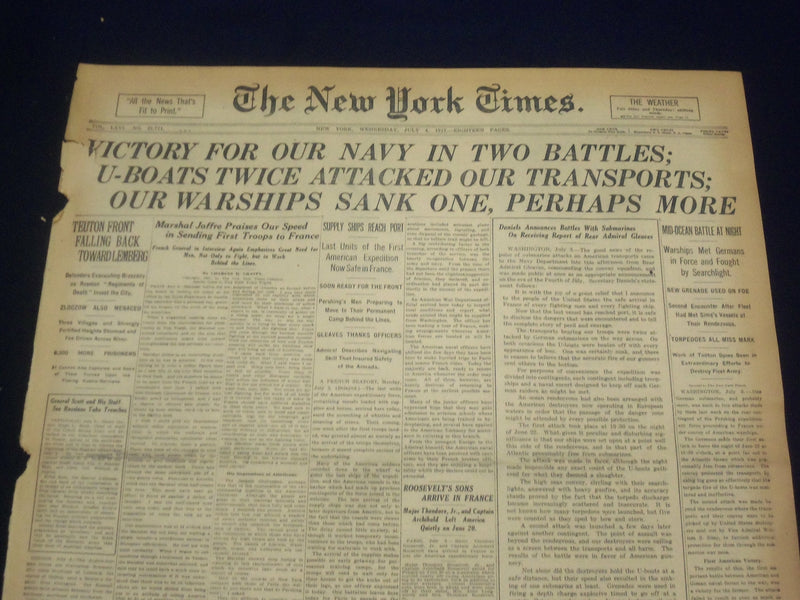 1917 JULY 4 NEW YORK TIMES - VICTORY FOR OUR NAVY IN TWO BATTLES - NT 9294