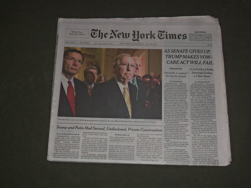 2017 JULY 19 NEW YORK TIMES -SENATE GIVES UP -RUMP MAKES VOW CARE ACT WILL FAIL