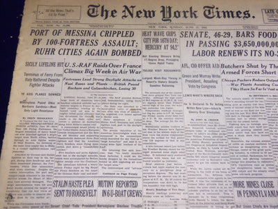 1943 JUNE 27 NEW YORK TIMES - PORT OF MESSINA CRIPPLED, RUHR BOMBED - NT 2142