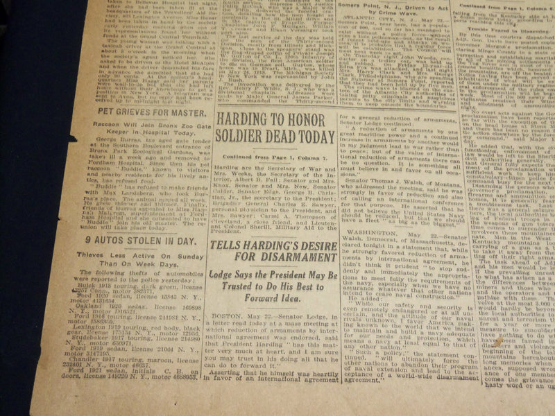 1921 MAY 23 NEW YORK TIMES - HARDING TO HONOR SOLDIER DEAD TODAY - NT 8599