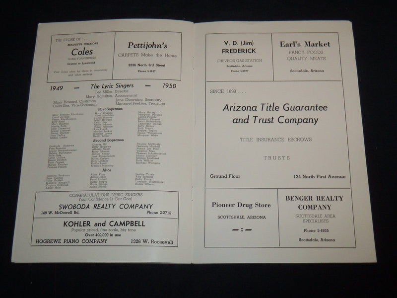 1950 APRIL 21 THE LYRIC SINGERS CONCERT PROGRAM - PHOENIX - J 8606