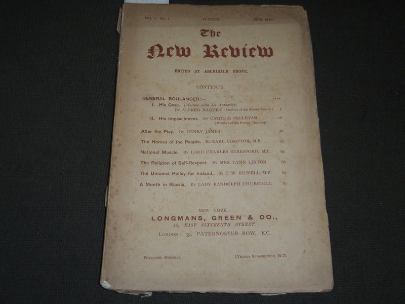1889 JUNE THE NEW REVIEW MAGAZINE VOLUME 1 NO. 1 EDITED BY A. GROVE - J 2146