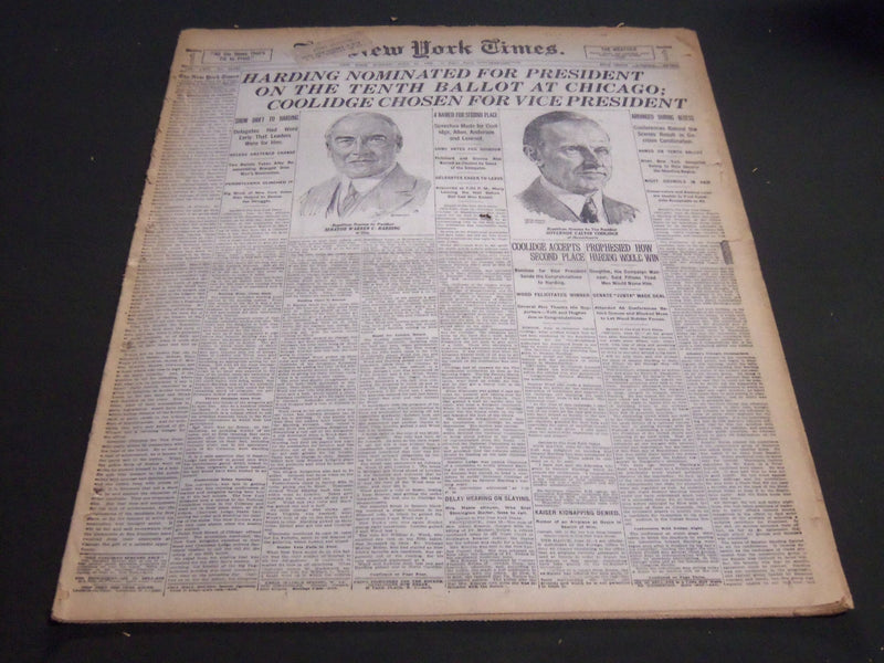 1920 JUNE 13 NEW YORK TIMES - HARDING NOMINATED FOR PRESIDENT COOLIDGE - NT 6941