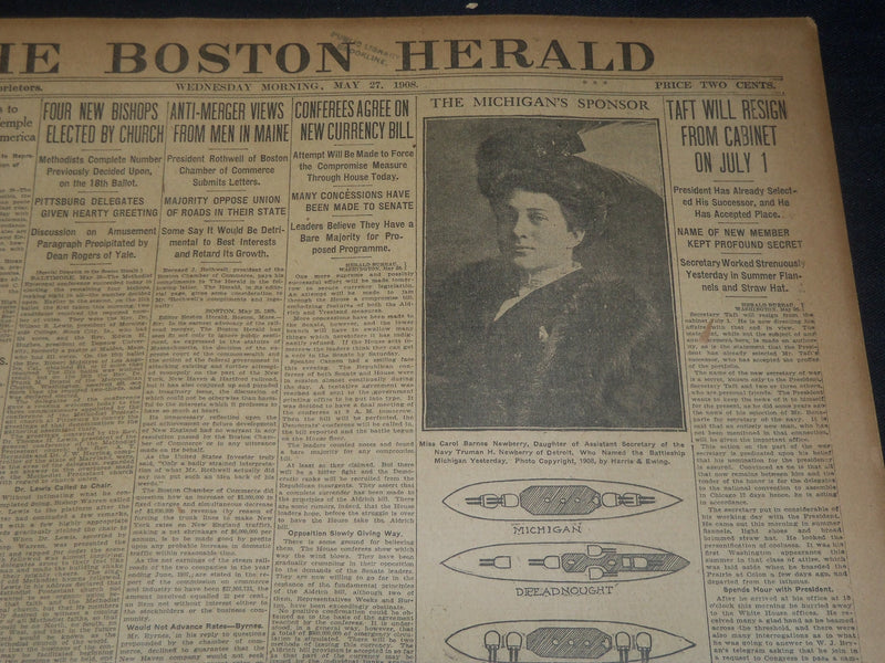 1908 MAY 27 THE BOSTON HERALD - GIANT BATTLESHIP MICHIGAN LAUNCHED - BH 75