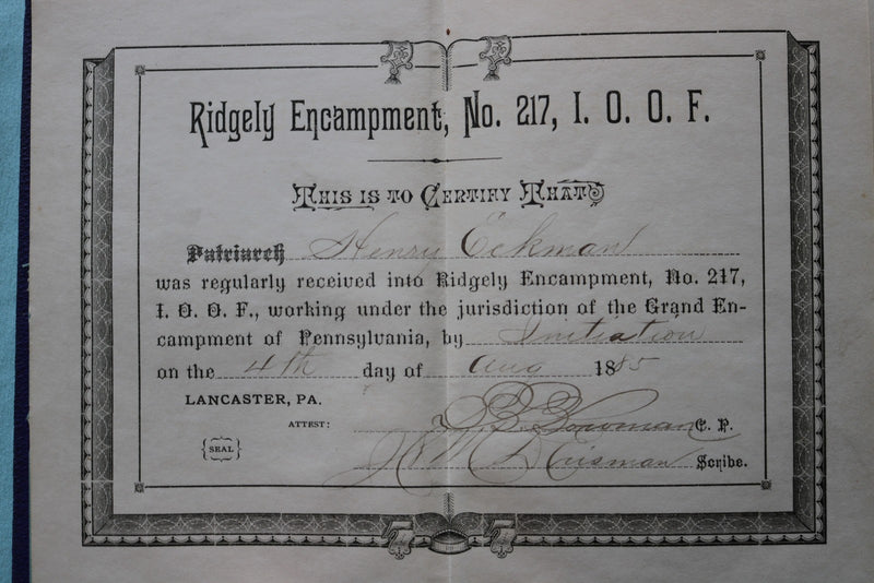 1886 RIDGELY ENCAMPMENT NO. 217, I.O.O.F. OF PA HARDCOVER BOOK - K 3340
