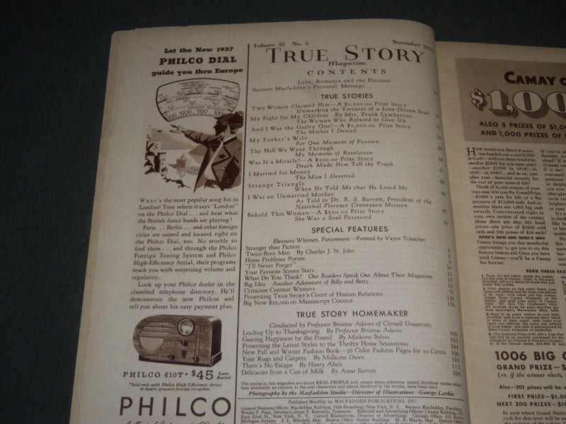 1936 NOVEMBER TRUE STORY MAGAZINE - ELEANORE WHITNEY FRONT COVER - ST 5340