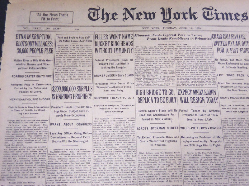 1924 JUNE 19 NEW YORK TIMES - ETNA IN ERUPTION, BLOTS OUT VILLAGES - NT 5123