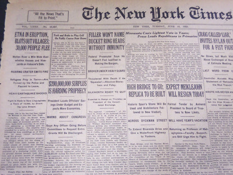 1924 JUNE 19 NEW YORK TIMES - ETNA IN ERUPTION, BLOTS OUT VILLAGES - NT 5123