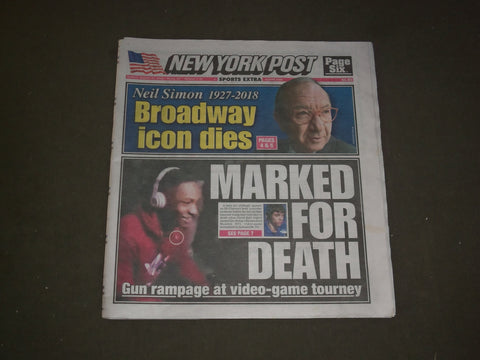 2018 AUGUST 27 NEW YORK POST NEWSPAPER - NEIL SIMON DEAD - 1927-2018