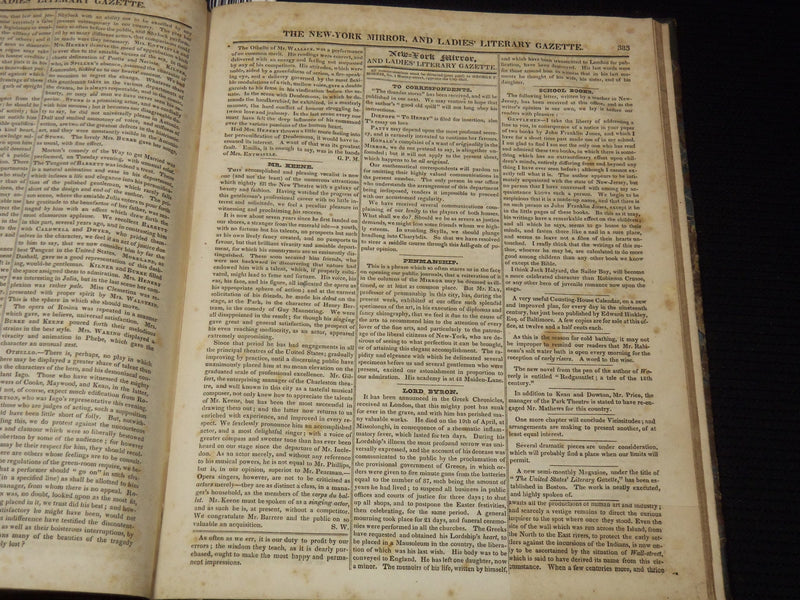 1823-1824 NEW YORK MIRROR AND LADIES GAZETTE BOUND VOLUME NO. 1 - R 89F
