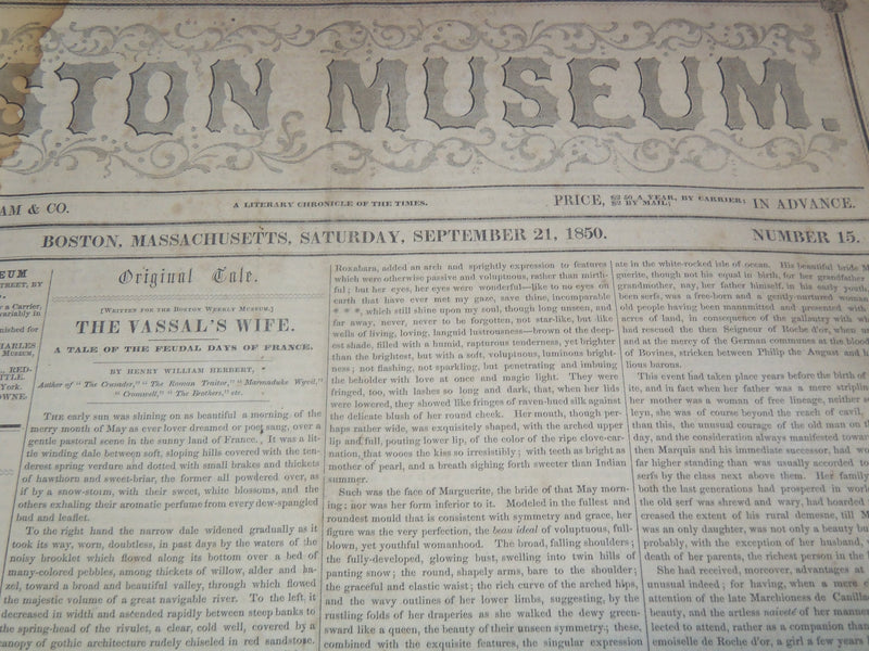 1850 SEPTEMBER 21 BOSTON MUSEUM NEWSPAPER - JENNY LIND - P. T. BARNUM - NP 9053