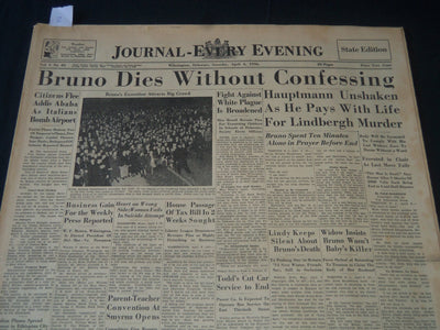 1936 APRIL 4 WILMINGTON JOURNAL NEWSPAPER - BRUNO DIES WITHOUT CONFESS - NT 7231