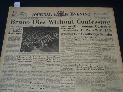 1936 APRIL 4 WILMINGTON JOURNAL NEWSPAPER - BRUNO DIES WITHOUT CONFESS - NT 7231