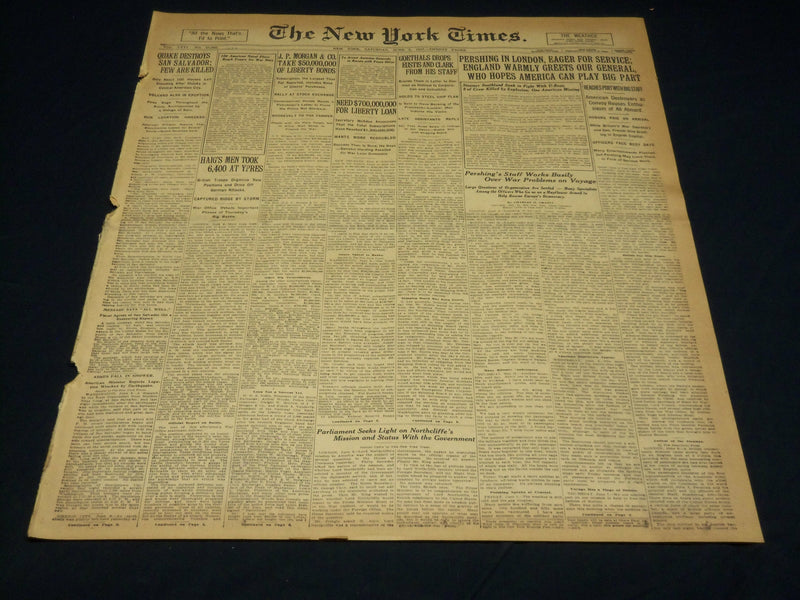 1917 JUNE 9 NEW YORK TIMES - PERSHING IN LONDON, EAGER FOR SERVICE - NT 7790