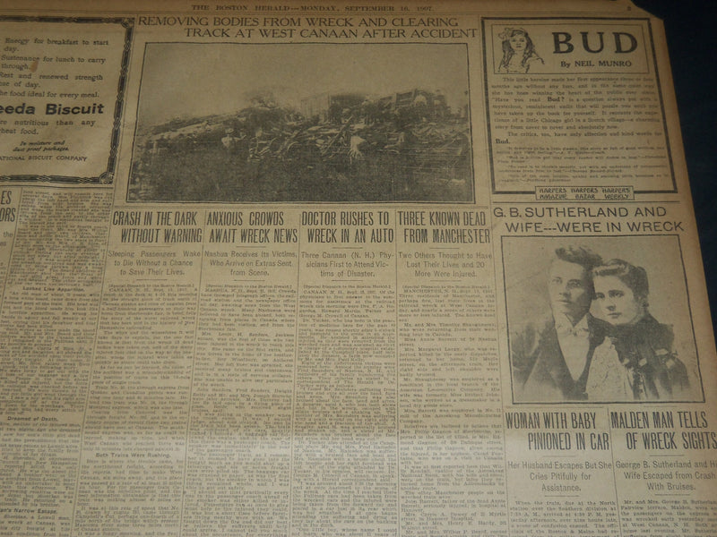 1907 SEPT 16 THE BOSTON HERALD - 25 KILLED IN TRAIN WRECK AT CANAAN - BH 239
