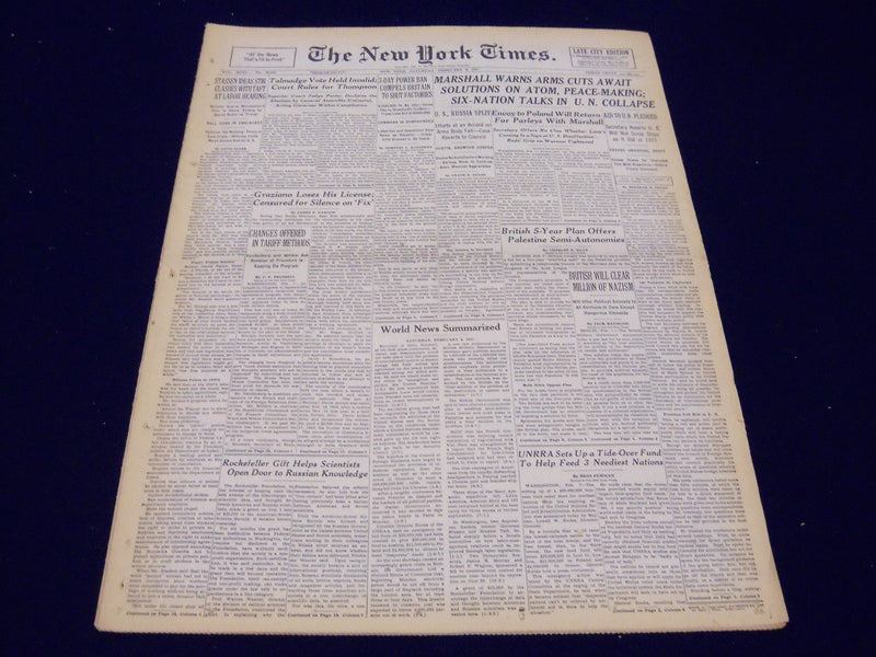 1947 FEB 8 NEW YORK TIMES - MARSHALL WARNS ARMS CUTS AWAIT SOLUTIONS - NT 104
