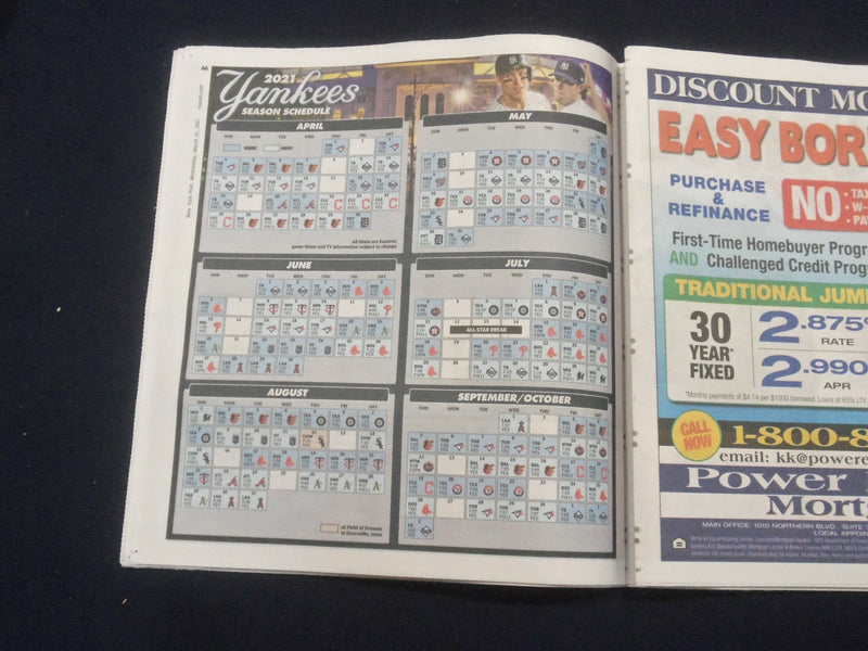 2021 MARCH 31 NEW YORK POST NEWSPAPER - BASEBALL PREVIEW SECTION - METS- YANKEES
