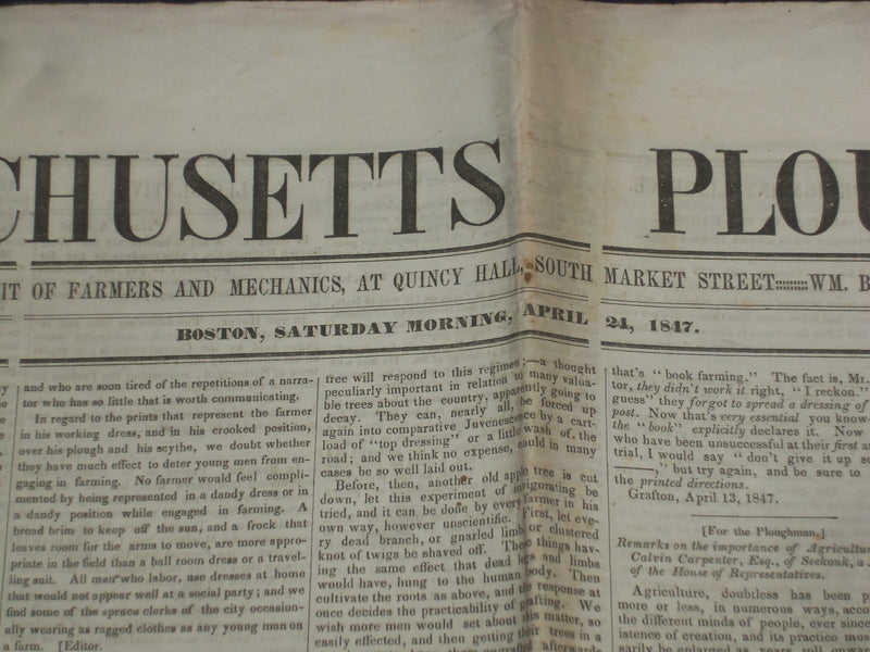 1847 APRIL 24 MASSACHUSETTS PLOUGHMAN NEWSPAPER - NATURALIST BY AUDUBON- NP 5145
