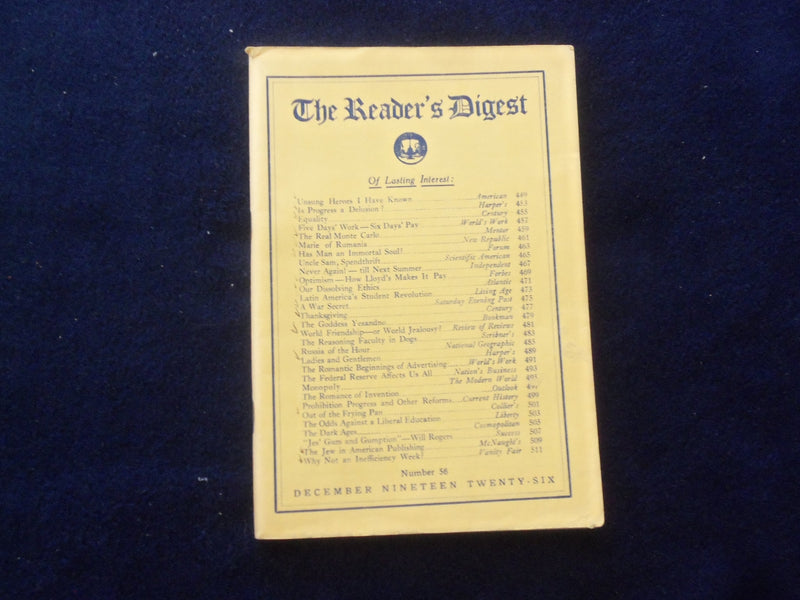 1926 DECEMBER THE READER'S DIGEST SOFTCOVER BOOK - NUMBER 56 - J 8433