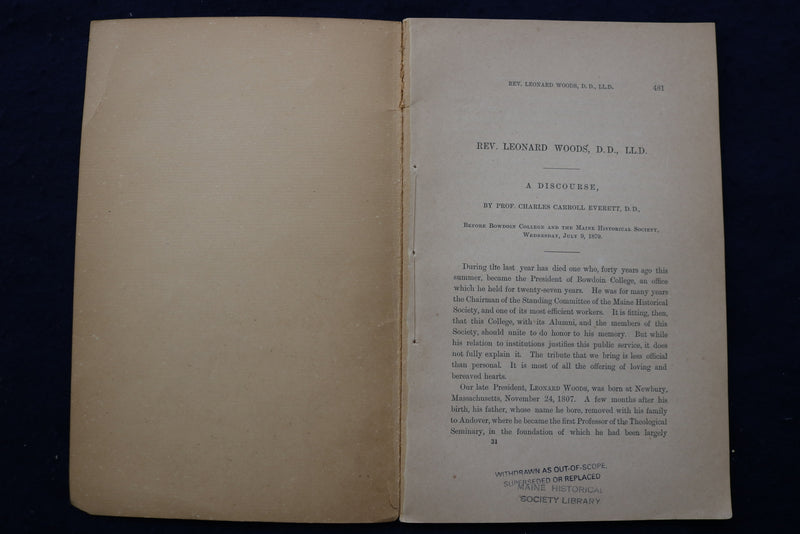 1879 REV. LEONARD WOODS - A DISCOURSE SOFTCOVER BOOKLET - K 928