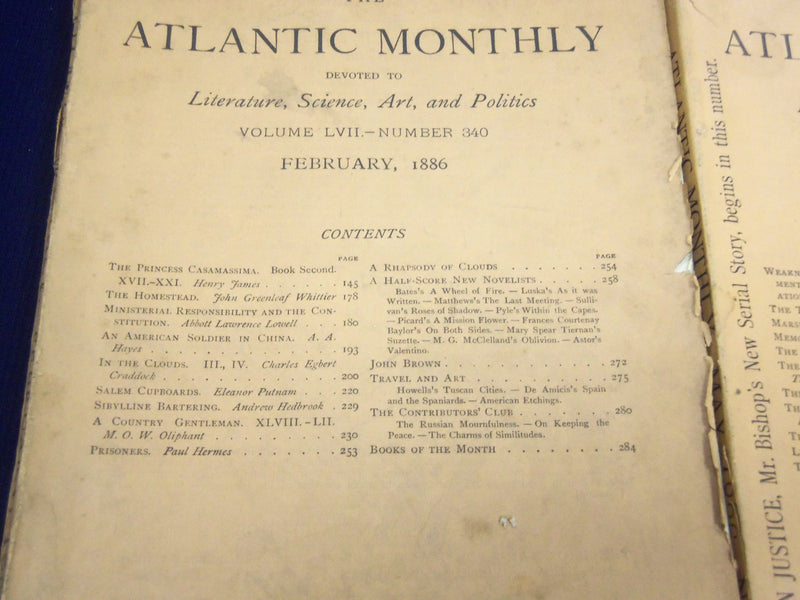 1886 THE ATLANTIC MONTHLY MAGAZINE LOT OF 6 ISSUES - GREAT WRITERS - WR 54