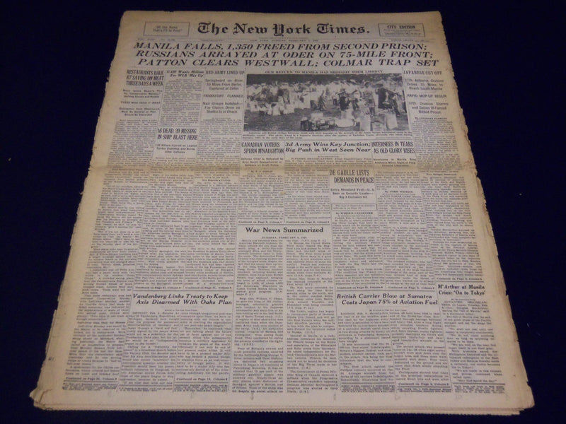 1945 FEB 6 NEW YORK TIMES - MANILA FALLS, 1350 FREED FROM SECOND PRISON - NT 524