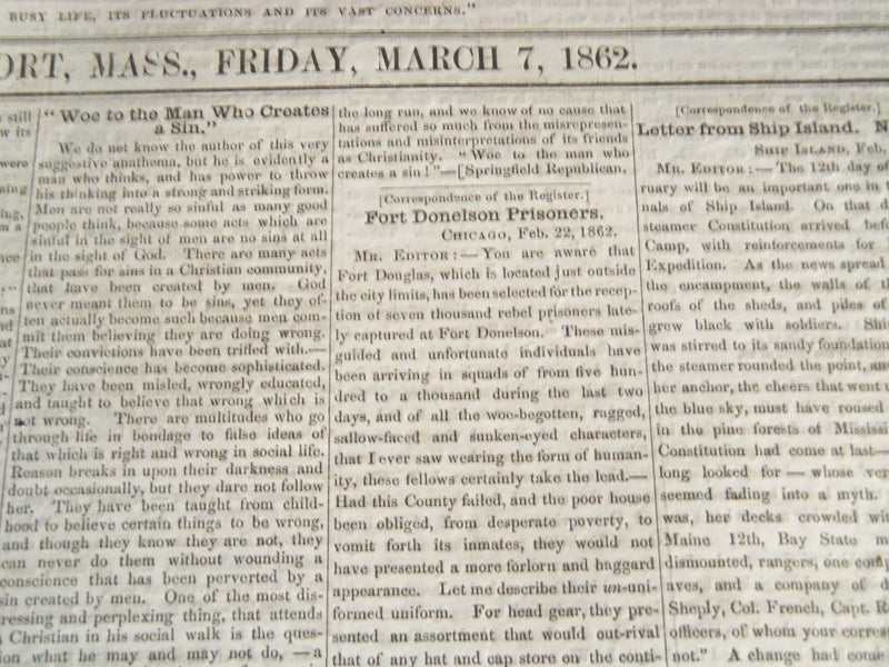 1862 MARCH 7 YARMOUTH REGISTER NEWSPAPER - FT. DONELSON PRISONERS - NP 614G