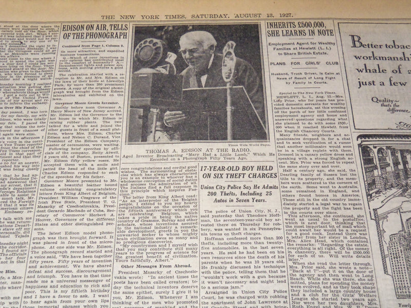 1927 AUGUST 13 NEW YORK TIMES - SACCO STILL FASTS EDISON ON AIR - NT 9566