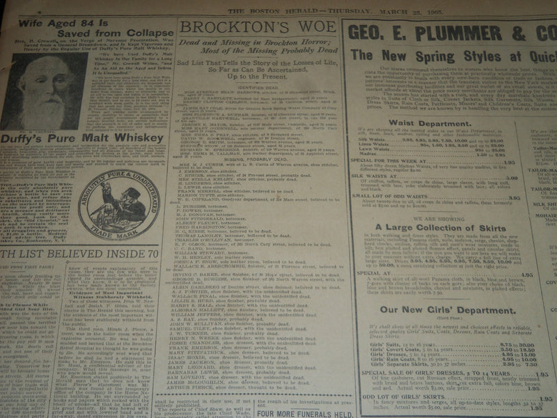 1905 MARCH 23 THE BOSTON HERALD - BROCKTON DEATH LIST INSIDE 70 - BH 143