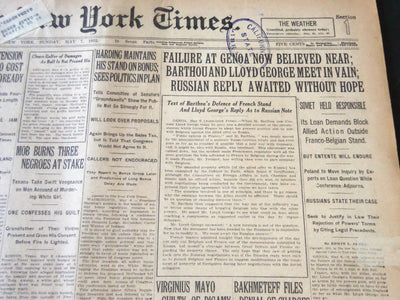 1922 MAY 7 NEW YORK TIMES - FAILURE AT GENOA NOW BELIEVED NEAR - NT 5801