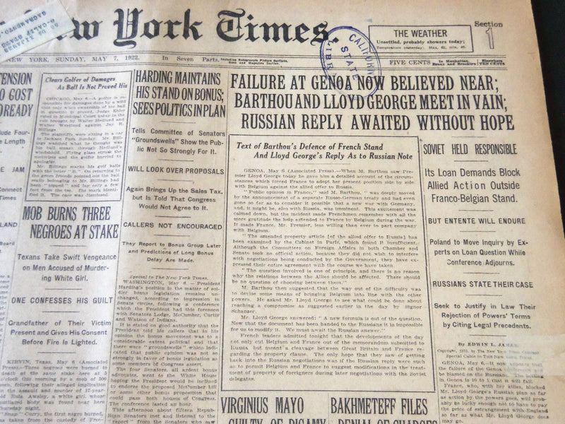 1922 MAY 7 NEW YORK TIMES - FAILURE AT GENOA NOW BELIEVED NEAR - NT 5801