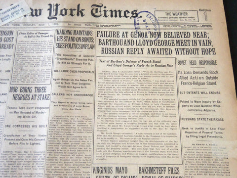 1922 MAY 7 NEW YORK TIMES - FAILURE AT GENOA NOW BELIEVED NEAR - NT 5801